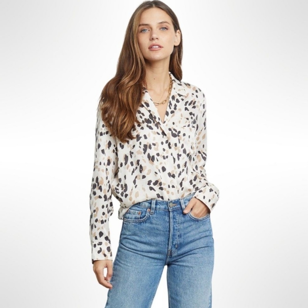Rails Rebel Abstract Animal Print Silk Blouse Sz XS Natural Abstract Animal